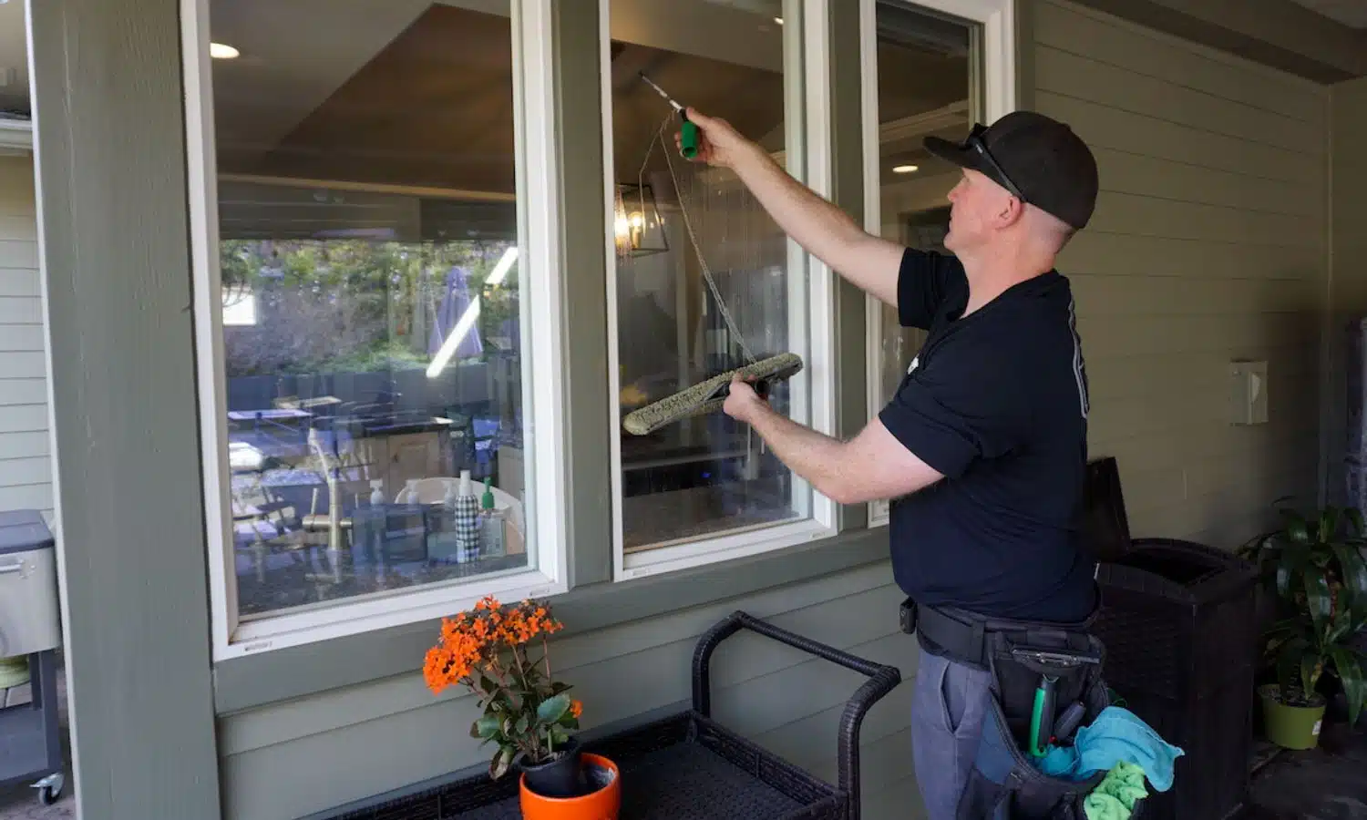 Residential Window Cleaning A window cleaner uses a squeegee to clean a multi-pane window on a house's covered patio. Plants and outdoor furniture are visible in the foreground and background.